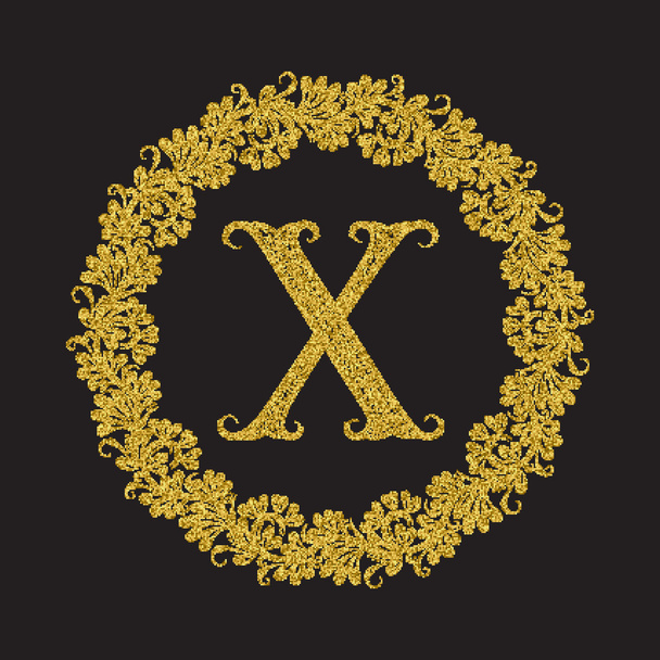 Golden glittering letter X monogram in vintage style - Вектор,изображение
