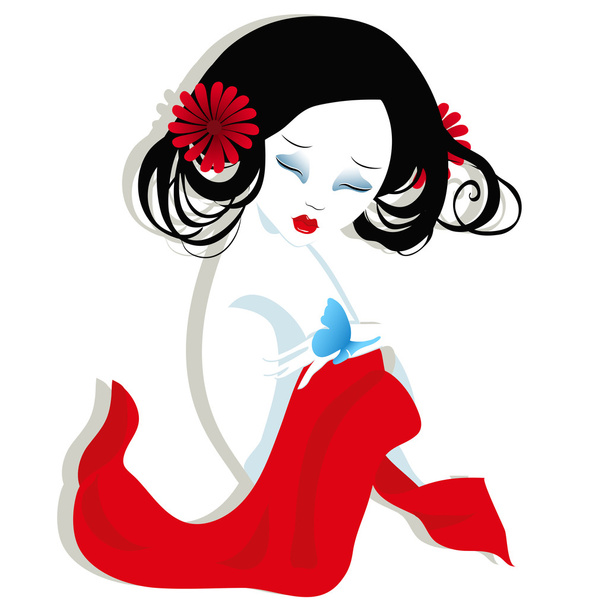 illustration of a beautiful geisha in red dress. very gentle and passionate. - Вектор, зображення