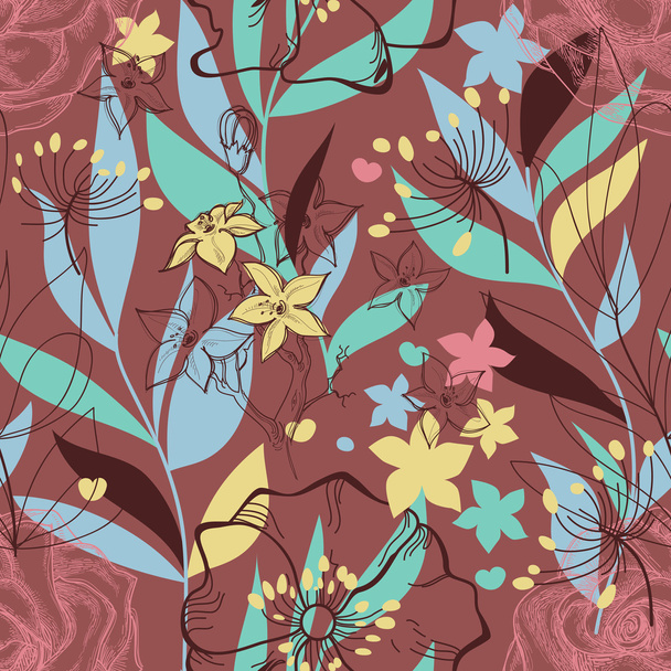 Retro floral seamless pattern. Colorful plants background - Vetor, Imagem