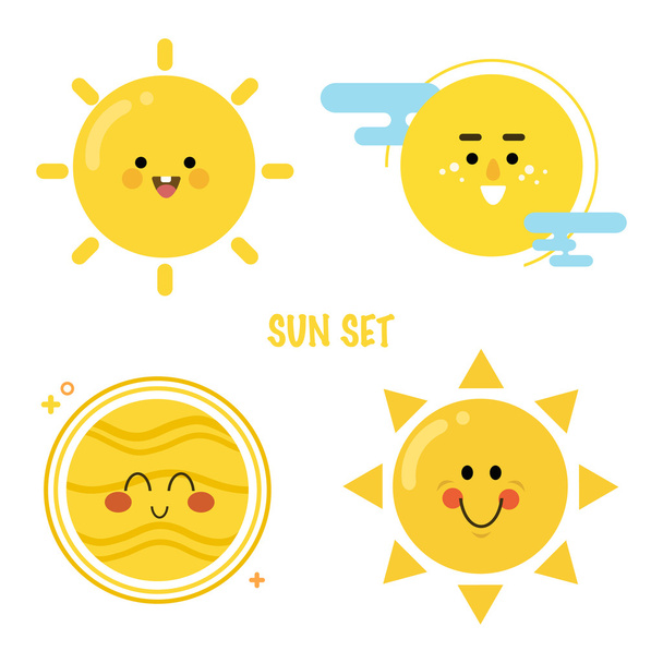 太陽アイコンを設定します。笑顔の太陽コレクション。明るい漫画のキャラクター。ベクトル図 - ベクター画像