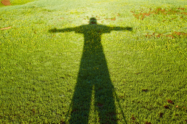 cień osoby w formie krzyża na trawie - Zdjęcie, obraz
