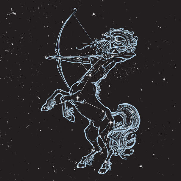 Rearing Centaur holding bow and arrow. Night sky background. - Vector, Image