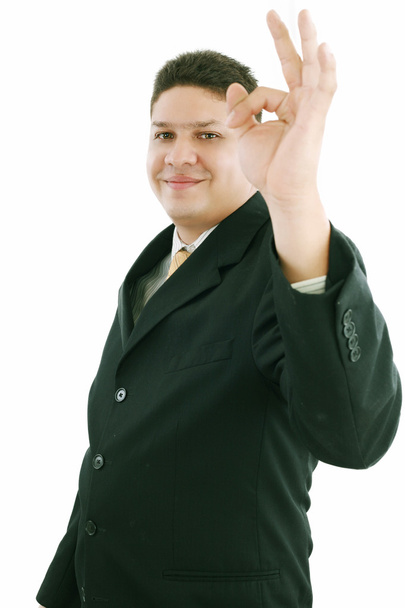 Caucasian man ok hand sign gesture studio portrait on isolated w - 写真・画像