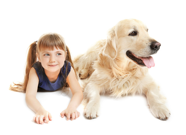 Little girl and big kind dog   - Фото, изображение