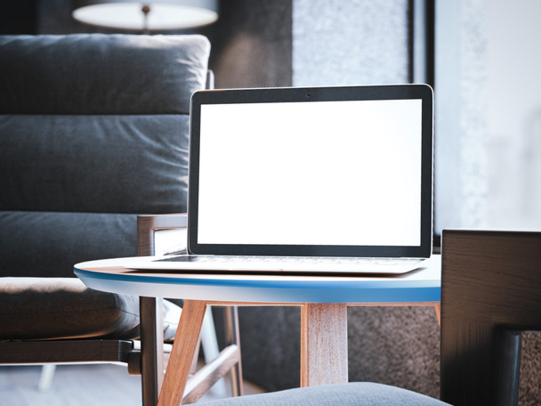 Modern laptop on the small coffee table. 3d rendering - Fotoğraf, Görsel