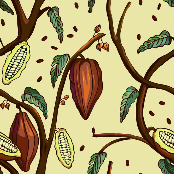 Kakaobaum-Muster. nahtloser Hintergrund von Kakaobaum mit Bohnen und Blättern. Vektorillustration - Vektor, Bild