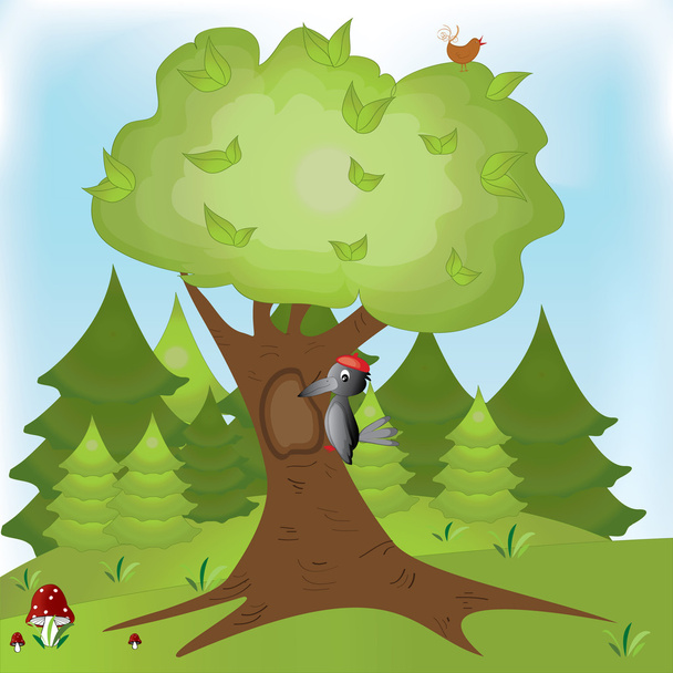 Ilustración de pájaro carpintero en un árbol
 - Vector, imagen