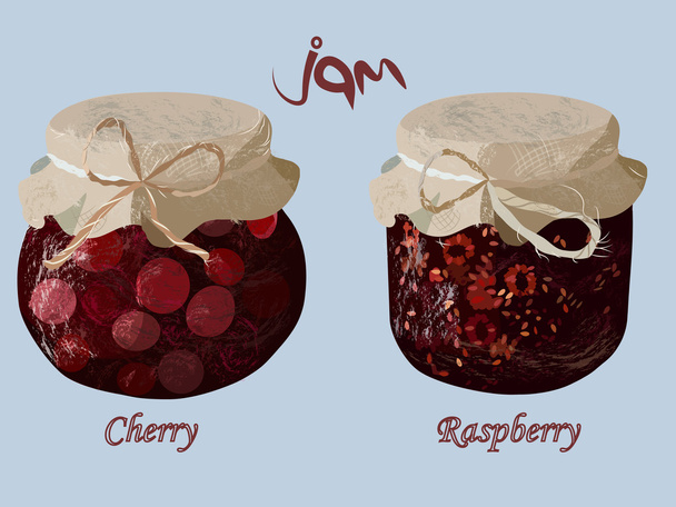 jam in glass jar. Realistic tasty marmalade. Raspberry and cherry set. Beautiful confiture. Vector illustration. - Вектор,изображение