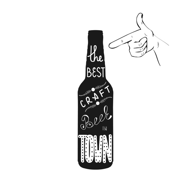 Botella de cerveza con qoute 'la mejor cerveza artesanal de la ciudad' dibujar a mano letras. Muestra la mejor cerveza. Ideal para menú de pub, anuncio del festival de la cerveza o cartel de la cervecería. Ilustración vectorial
 - Vector, imagen