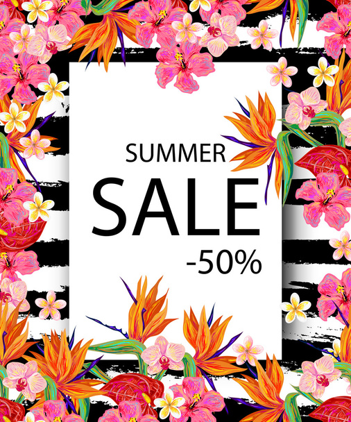 Summer sale sign. Background with tropical flowers - Вектор,изображение