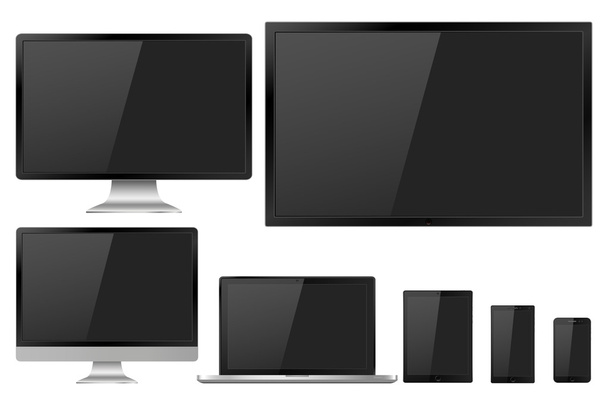 Zestaw realistycznych TV, LCD, LED, monitor komputerowy, laptop, tablet i telefon komórkowy z pustym ekranem. Różne nowoczesne elektroniczny gadżet izolowane na białym tle, stylowe wektor ilustracji - Wektor, obraz