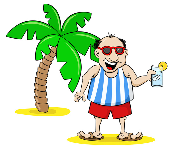 cartoon tourist with drink on holiday - Vektör, Görsel