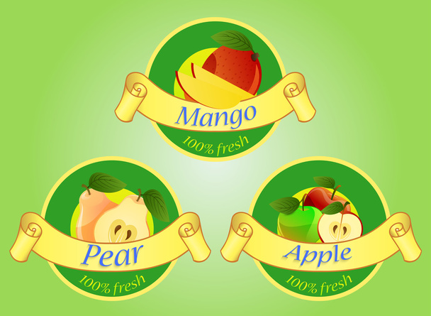 Etiquetas de frutas aisladas sobre fondo verde
 - Vector, Imagen