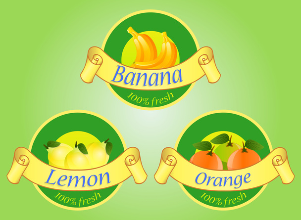 Fruits labels isolated on green background - Vector, Image