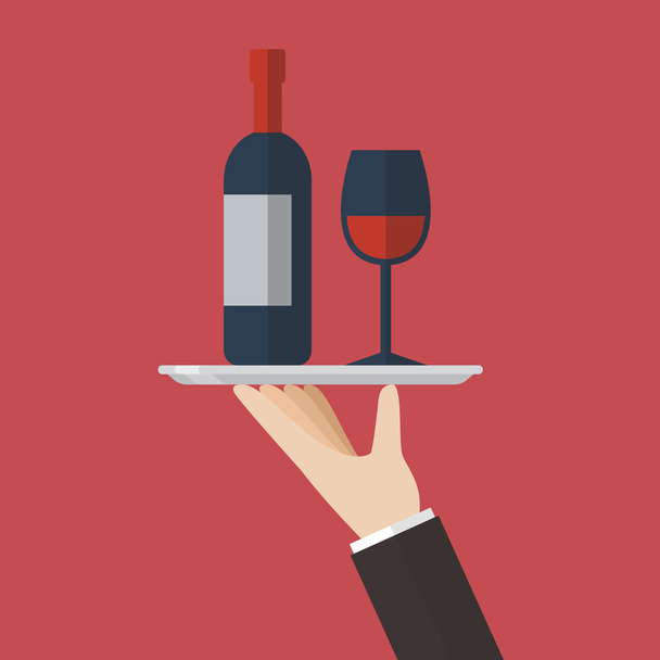 ワインボトルとワイングラスのウェイター  - ベクター画像