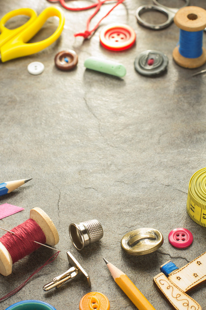 sewing tools and accessories on table - 写真・画像