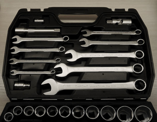 Set of spanners in black toolbox studio isolated - Photo, Image