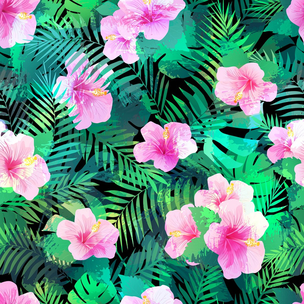 Seamless pattern with exotic hibiscus flowers and palm leaves. - Vector, Image