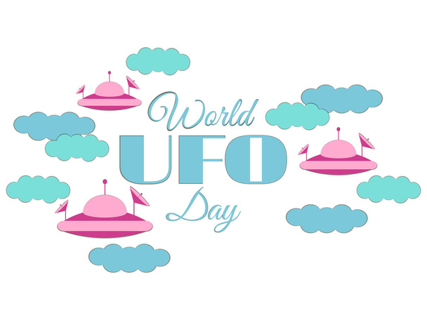 Světový den UFO. Papírové mraky a létající talíř UFO v oblacích. Létající talíř. Vektorová ilustrace ikon UFO. - Vektor, obrázek