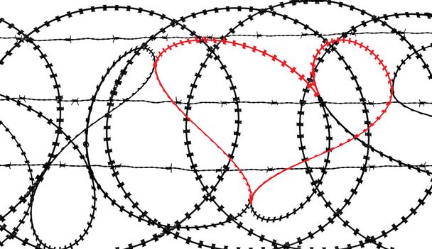 Piros szív szögesdrót kerítés elszigetelt fehér background - Fotó, kép