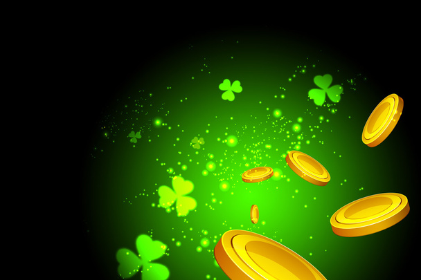 Glücksklee, Casino-Münzen fliegen auf grünem Hintergrund auf den Betrachter zu  - Foto, Bild