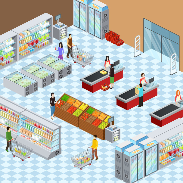 Cartel de composición isométrica interior de supermercado moderno
 - Vector, Imagen