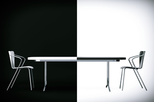 Konfrontationskonzept. schwarze und weiße Stühle und Schreibtisch. 3d rende - Foto, Bild