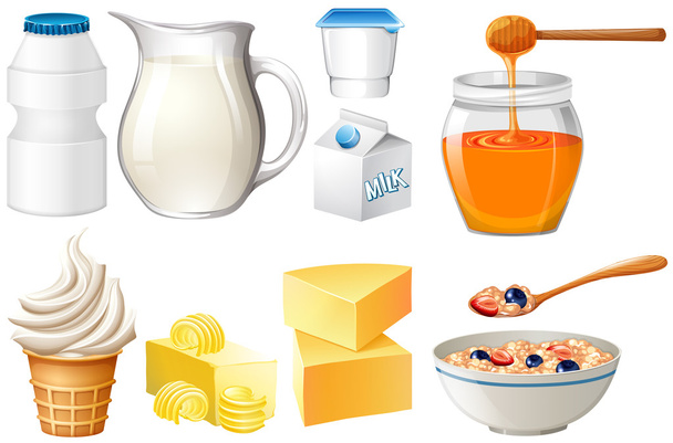 Γαλακτοκομικά προϊόντα με γάλα και μέλι - Διάνυσμα, εικόνα