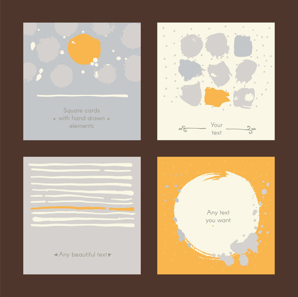 Vector simple square handdrawn cards with circles, stripes and various design. Set of templates with text holders, splashes, imperfections. Yellow and grey colors on dark background, good for print - Vektor, kép