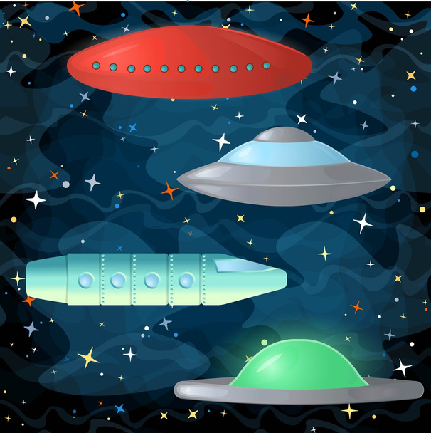 Set of ufo spaceships in comic cartoon style - Vector, Image