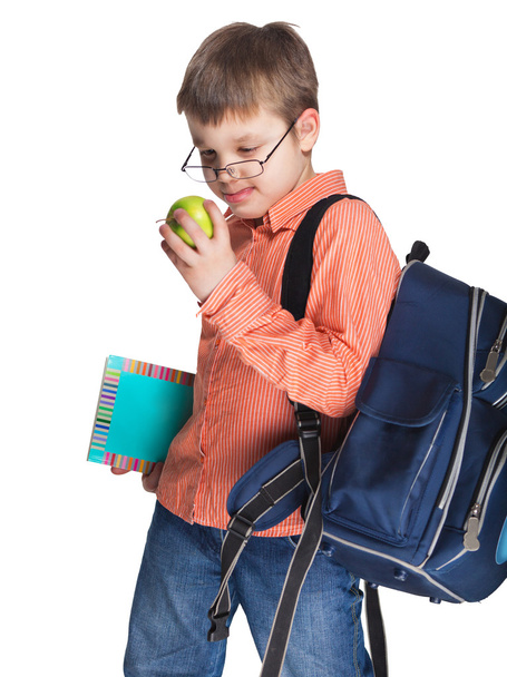 Schoolchild in glasses with apple - Fotoğraf, Görsel