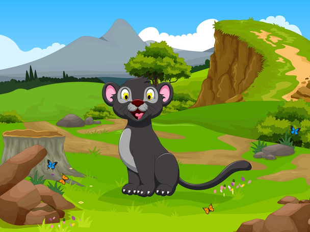 Lustiger schwarzer Panther-Cartoon im Dschungel mit Landschaftshintergrund - Vektor, Bild