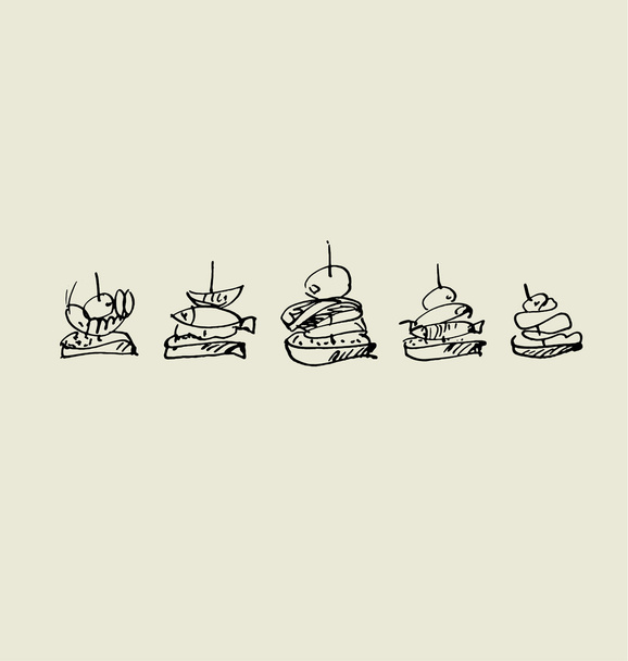 conjunto de imágenes de tapas y canapés. comida dibujado a mano dibujo vector illus
 - Vector, Imagen