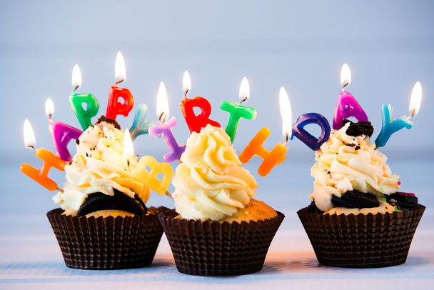 cupcakes with a candles for birthday - Photo, Image