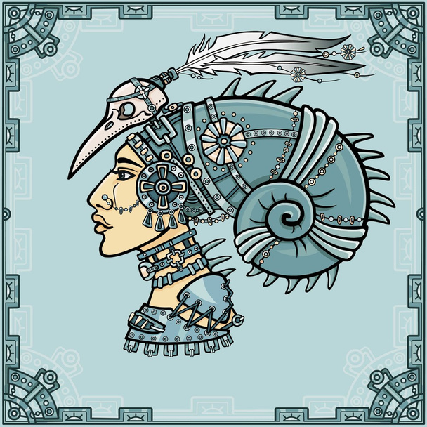 The fantastic Shaman woman in her magic clothes. Portrait, look profile. A background - a frame from iron elements. Vector illustration. - Vetor, Imagem