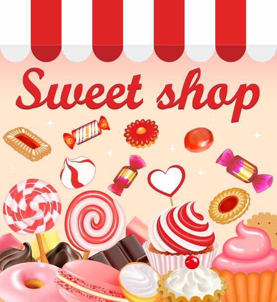 Fondo con postres dulces, comida, dulces, donas, piruletas
,  - Vector, Imagen
