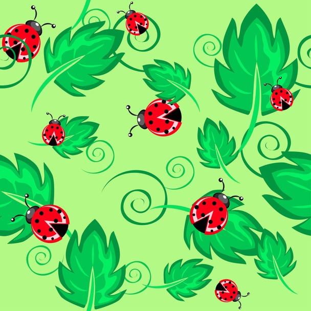 Seamless background with ladybugs and leafs - Vector, Image