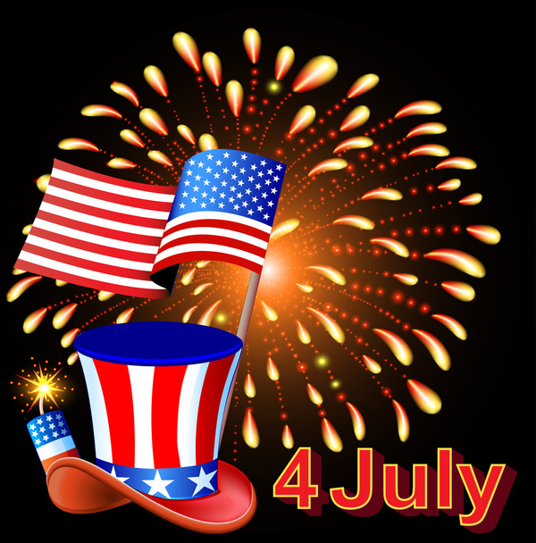 Carte Jour de l'indépendance avec chapeau de feu d'artifice et le drapeau de l'Amérique
 - Vecteur, image