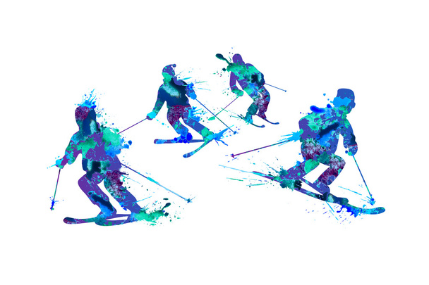 Esquiadores de montaña. Pintura en aerosol sobre fondo blanco
 - Vector, imagen