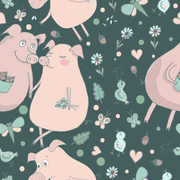 Cute pattern with lovers pigs - Vector, afbeelding