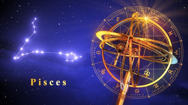 Armillary Sphere and Constellation Pisces Over Blue Background
 - Фото, изображение