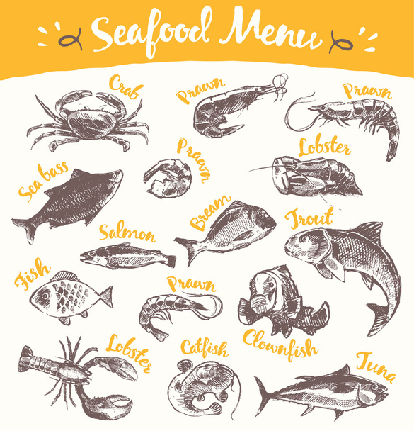 Set drawn seafood fish vector illustration sketch - Vector, Image