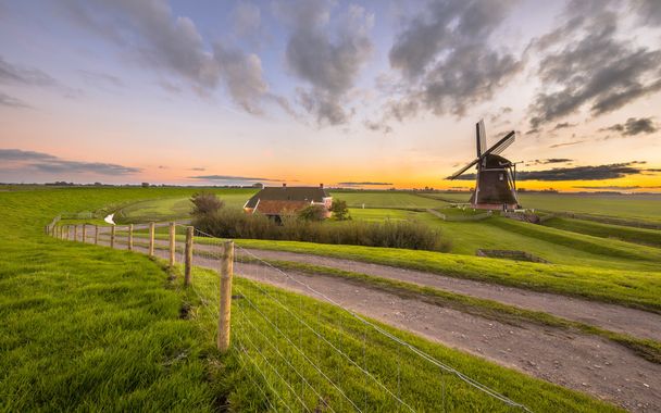 平坦な草原風景の中オランダ木製風車  - 写真・画像