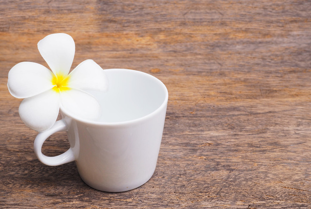 Квітка білої сливи і порожня чашка кави
 - Фото, зображення