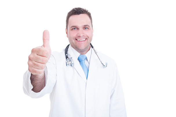 Médico sorridente ou médico mostrando o polegar para cima ou como gesto
 - Foto, Imagem