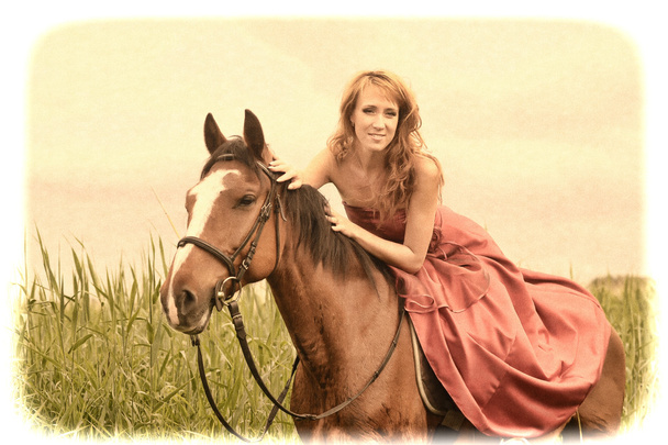 Woman in red dress on a horse - Zdjęcie, obraz