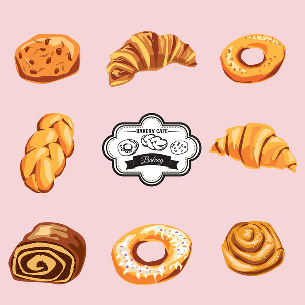Set of sweet pastries and cupcakes. Vector icons of bakery - Vector, Image