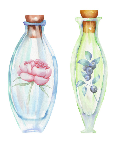 Illustration romantic and fairytale watercolor bottles with forest blueberries branches and peony flowers inside - Photo, Image