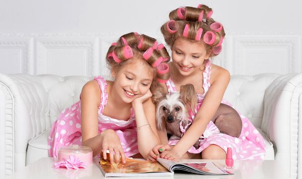 tweenie girls  in hair curlers  with dog - Фото, изображение