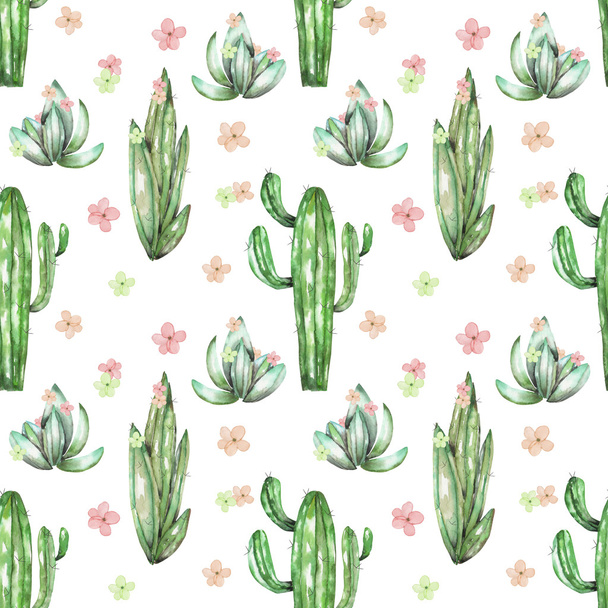 A seamless pattern with the watercolor various kinds of cactuses and flowers - Photo, Image